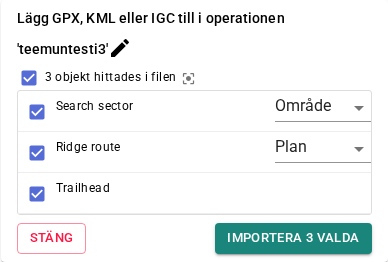 Checklista för massimport med blandade objekttyper från en annan app – varje typ har en rullgardinsmeny för att korrigera den