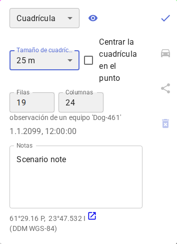 Popup de la marca de cuadrícula con controles de tamaño, dimensiones y centrado
