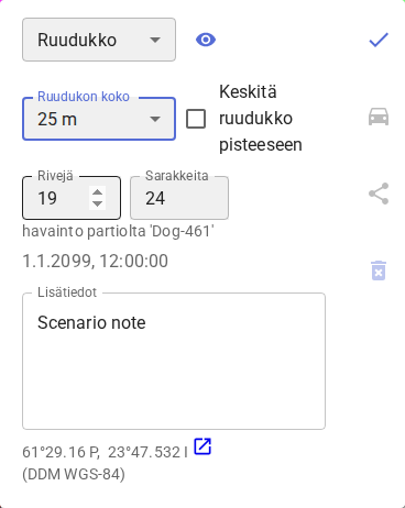 Ruudukkomerkinnän popup, jossa koon, mittojen ja keskityksen säätimet