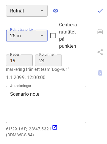 Rutnätsmarkeringens popup med kontroller för storlek, mått och centrering