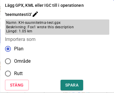 GPX-importfönster