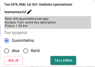 GPX-tiedoston tuontivalikko